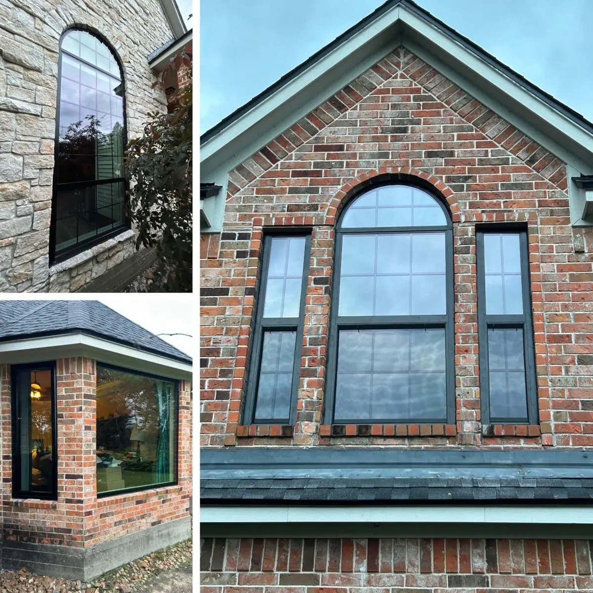 Ventanas de repuesto negras con una ventana especial de arco alto instalada por Allied Exteriors en una casa de ladrillo en Montgomery, Texas.