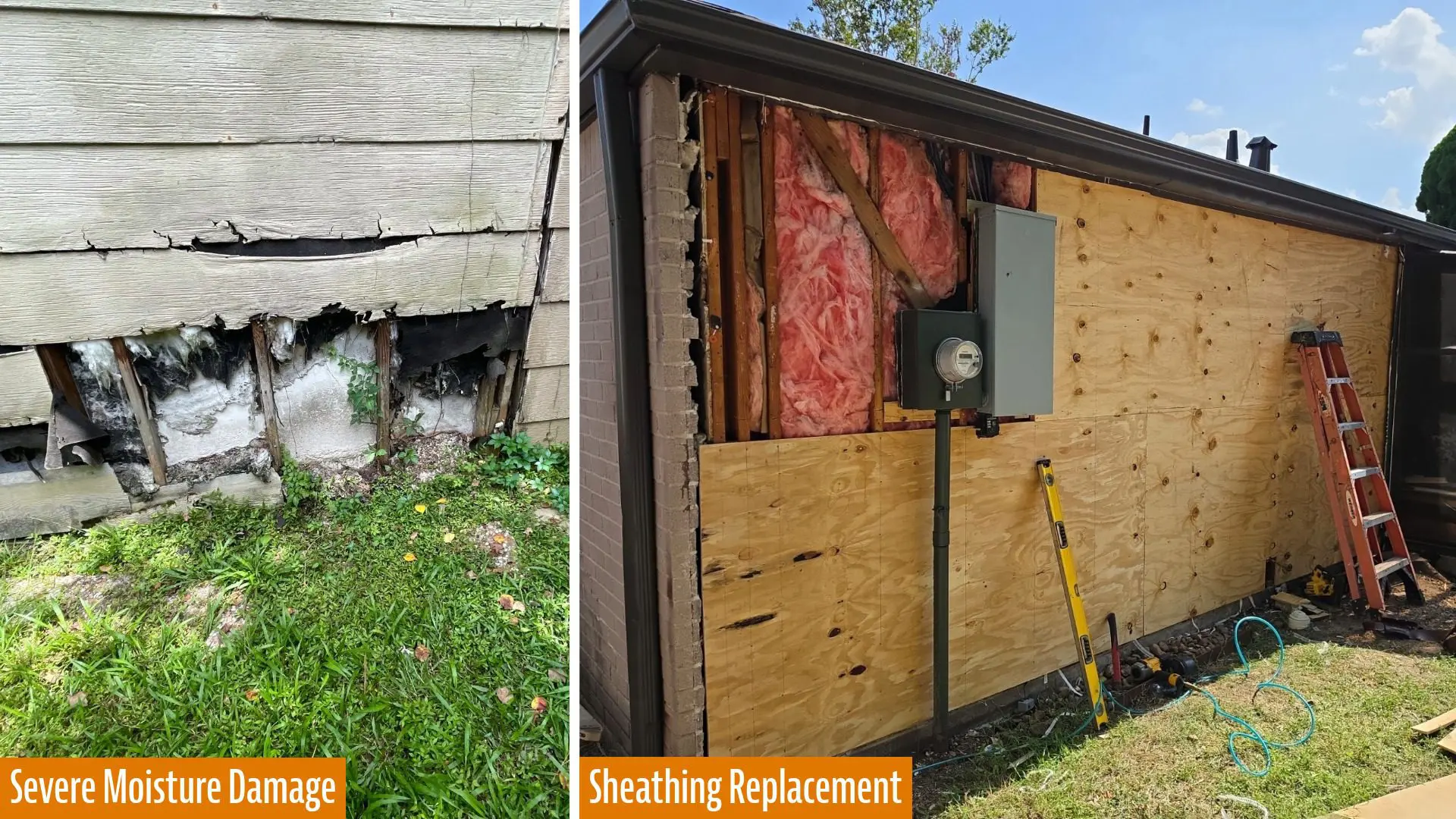 Damaged sheathing on the side of a home.