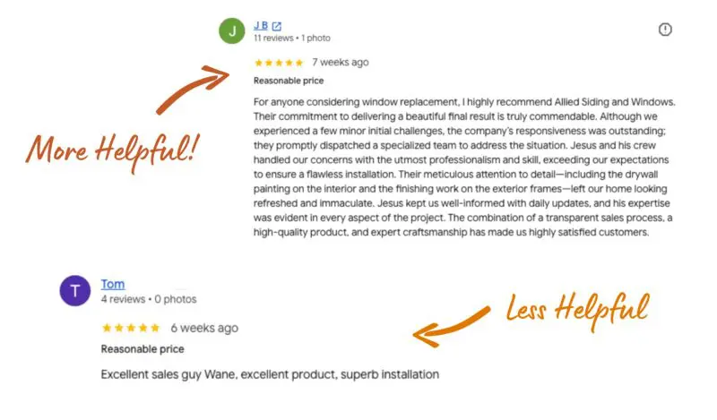 Side by side of a positive and negative Allied Exteriors Google review.