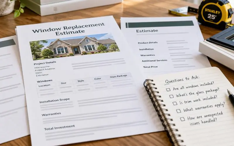 Window replacement estimates, window samples, measuring tape, and a notebook with questions to ask a contractor spread across a table.