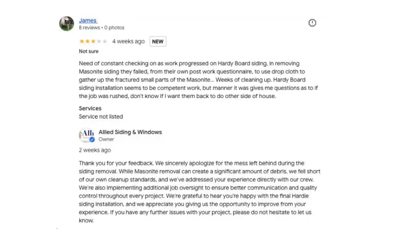 Three star Google review and how Allied Exteriors responded