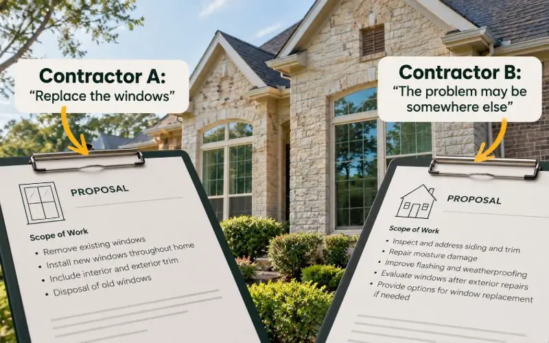 Two conflicting contractor proposals in front of a home.