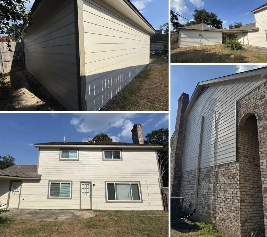 Casa de dos pisos en Houston, Texas, con revestimiento exterior Hardie Lap de color beige, instalado por Allied Exteriors.