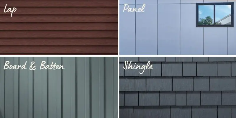 Collage de revestimientos Hardie Siding de tipo «lap», «panel», «board and batten» y «shingle».