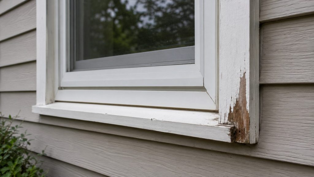 Close-up of a corner of a window that is showing signs of age through chipped paint
