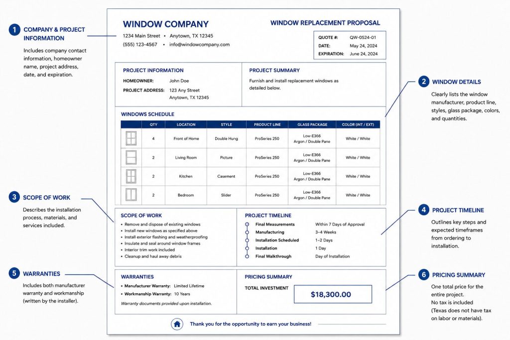 Infographic explaining different parts of a window replacement quote