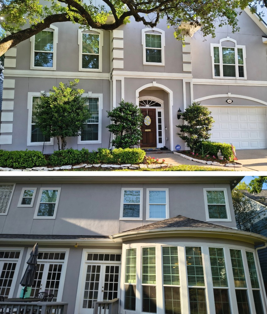 Front and back of grey home with single hung white windows