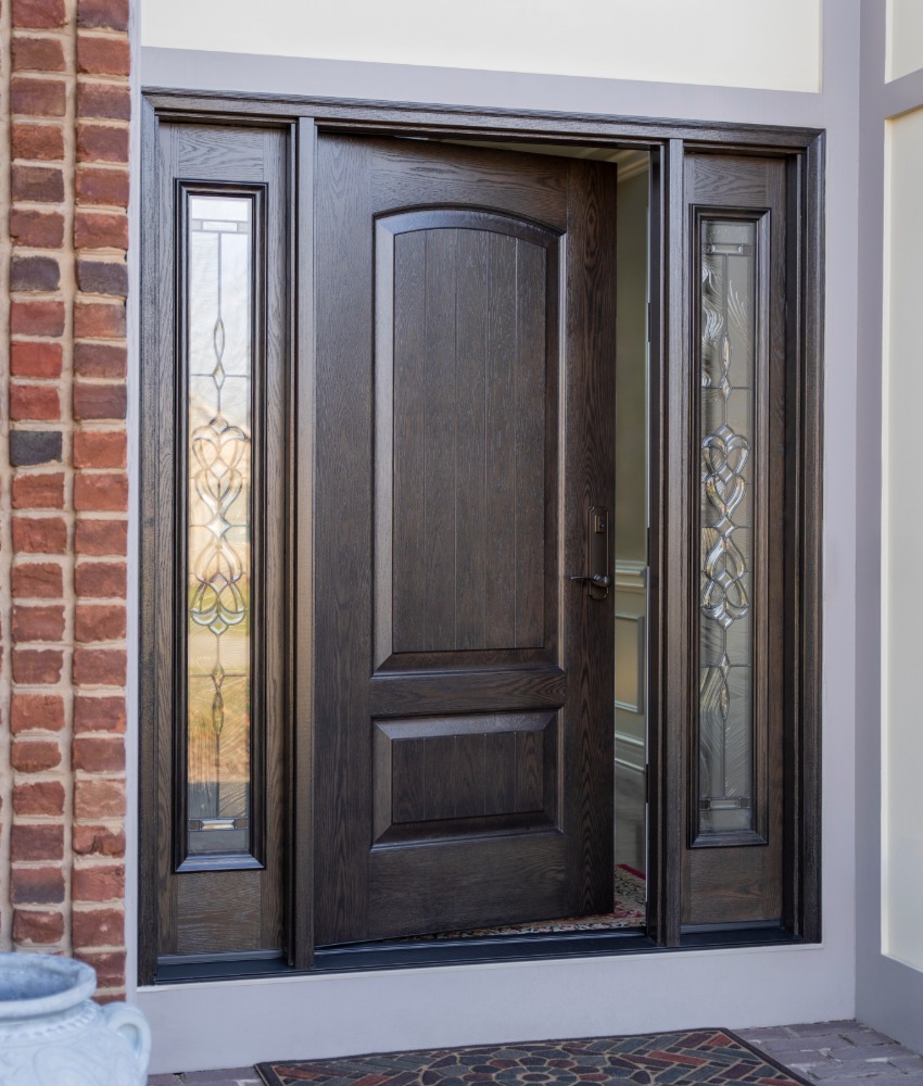 ProVia Ascent Ffiberglass entry door with decorative glass sidelites