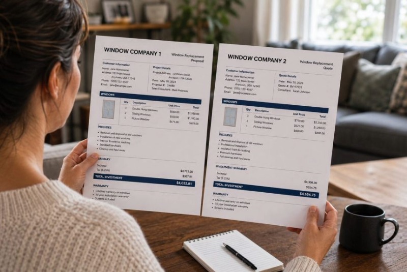 Woman sitting at a table comparing two window quotes