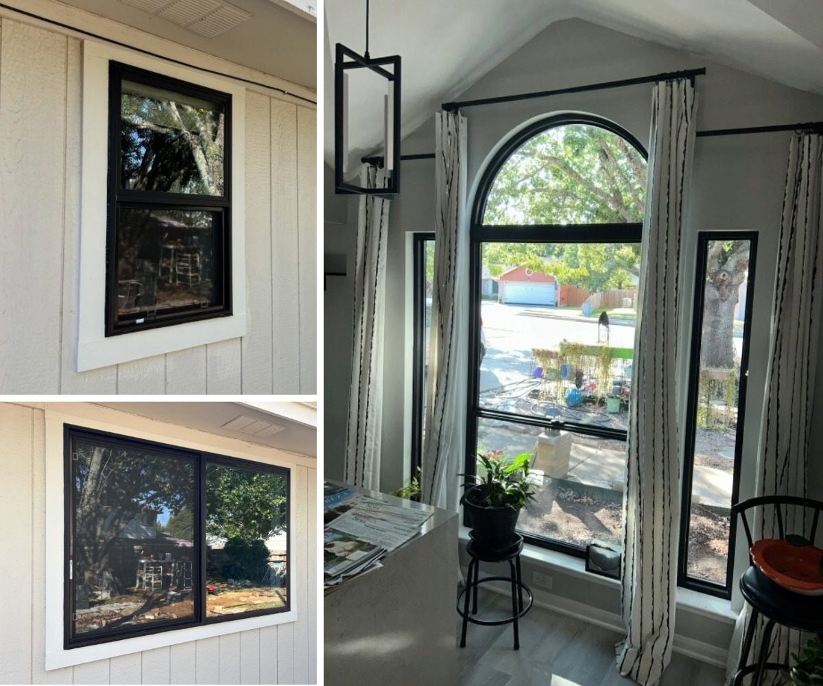 Black replacement windows, including a large arched specialty window, installed by Allied Exteriors on a home in Cedar Park, Texas.