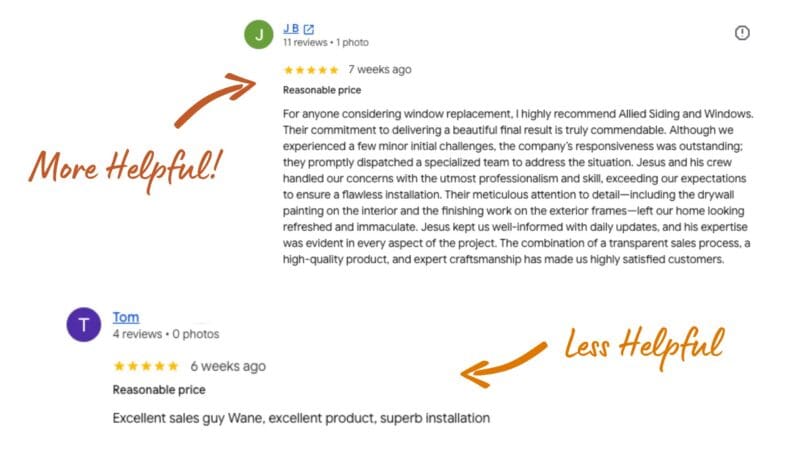 Side by side of a positive and negative Allied Exteriors Google review.