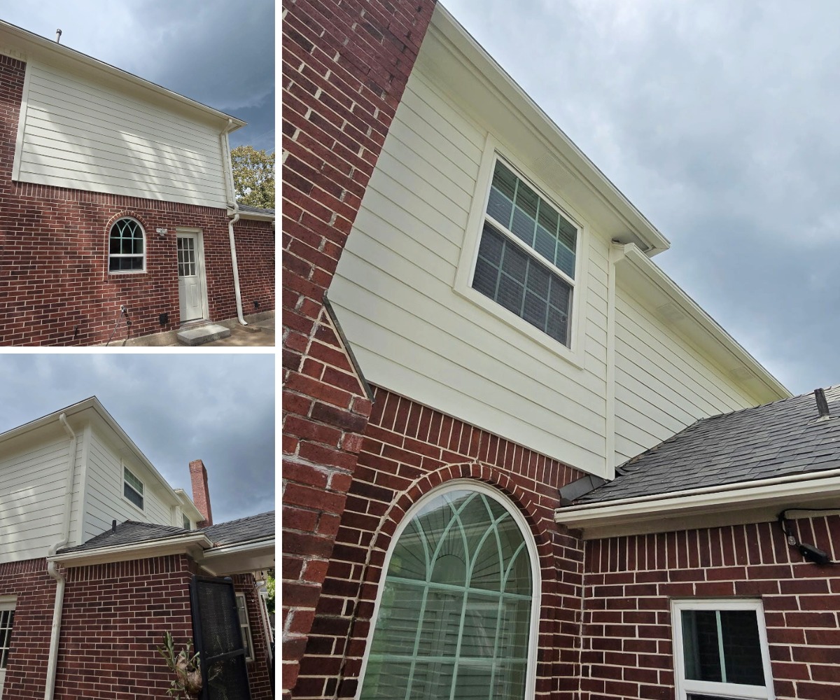 White James Hardie lap siding installed above the brick exterior of a two-story Houston, Texas home by Allied Exteriors.
