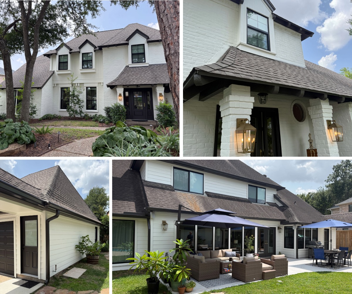 Remodeled two-story Houston home with painted brick, James Hardie® HardiePlank® lap siding, bronze windows, and a ProVia® Legacy™ steel entry door by Allied Exteriors.