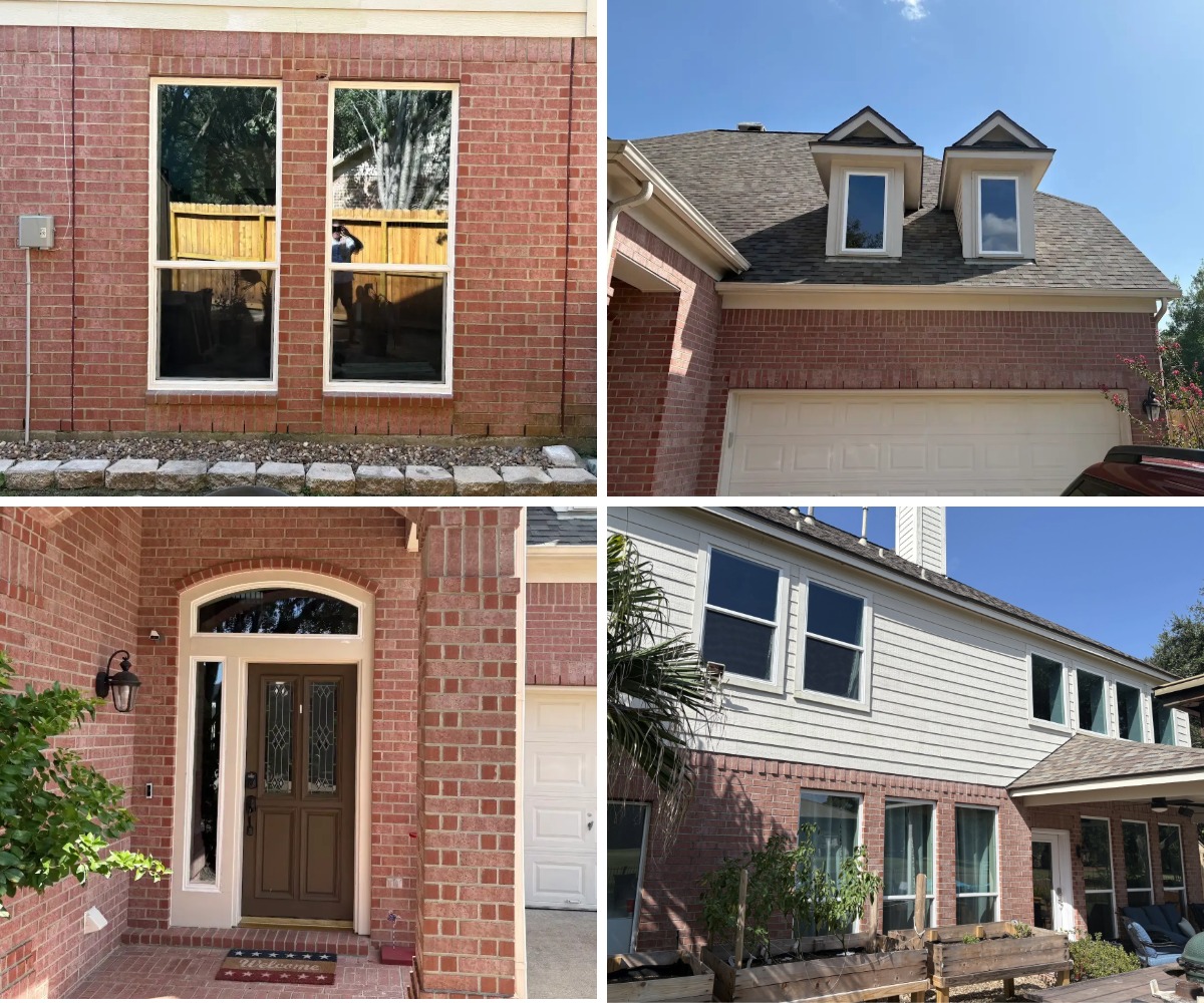 White replacement windows throughout a two-story brick home in Katy, Texas, installed by Allied Exteriors.