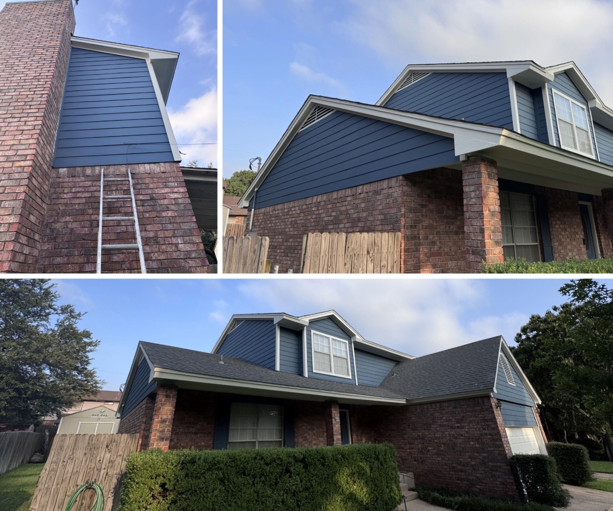 Revestimiento de tablones superpuestos James Hardie® con sofitos y fascias nuevos, instalado por Allied Exteriors en una casa de ladrillo en Arlington, Texas.