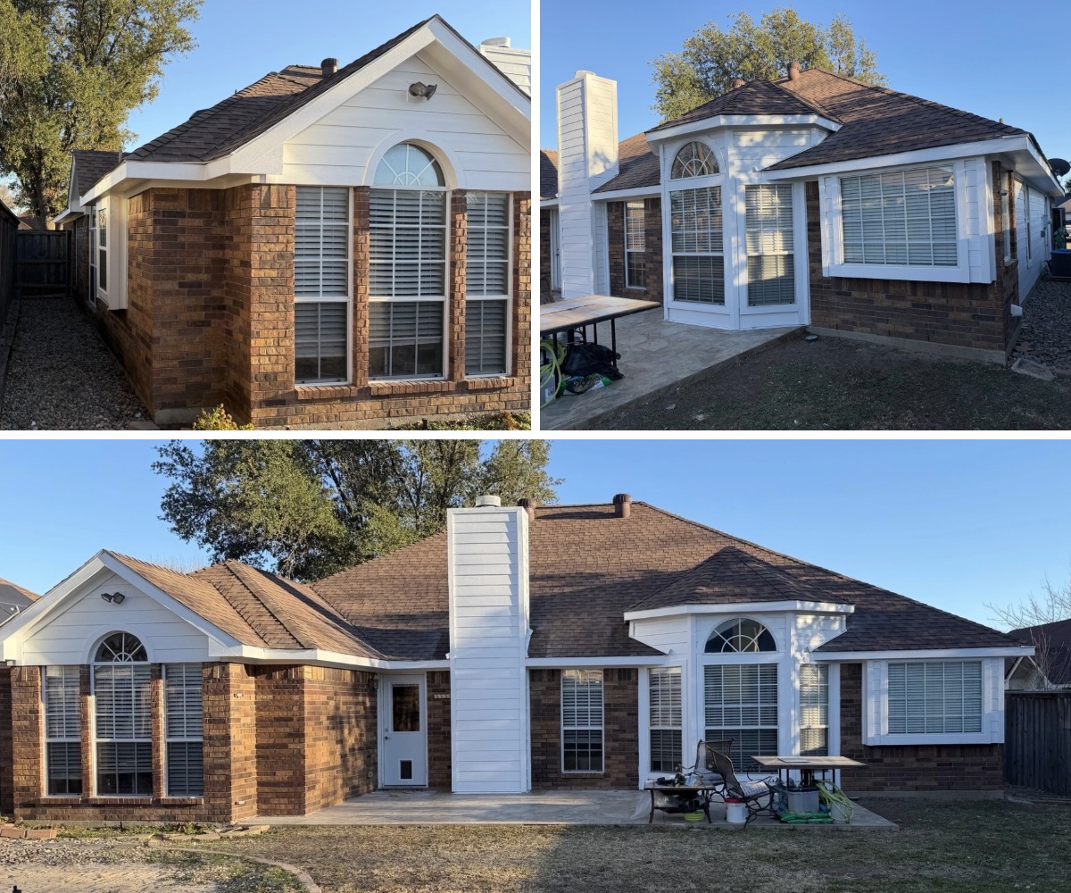 Revestimiento James Hardie® Plank y canaletas instalados por Allied Exteriors en una casa de ladrillo en Arlington, Texas.