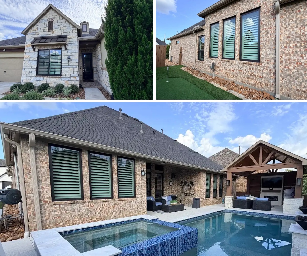 Black replacement windows on the front, side, and backyard of a brick home in Pinehurst, Texas, installed by Allied Exteriors.