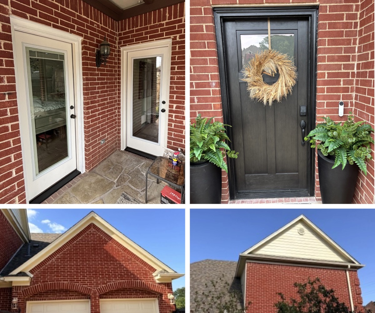 Puerta de entrada de fibra de vidrio ProVia® Signet® Fir, puertas laterales de entrada de fibra de vidrio blancas con persianas internas, y sofito y fascia nuevos instalados por Allied Exteriors en una casa de ladrillo en Grapevine, Texas.