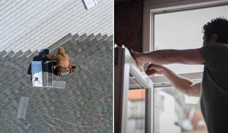 Side by side of a roofer and a window installer
