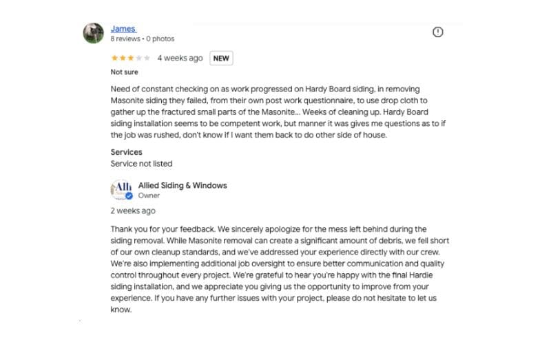 Three star Google review and how Allied Exteriors responded